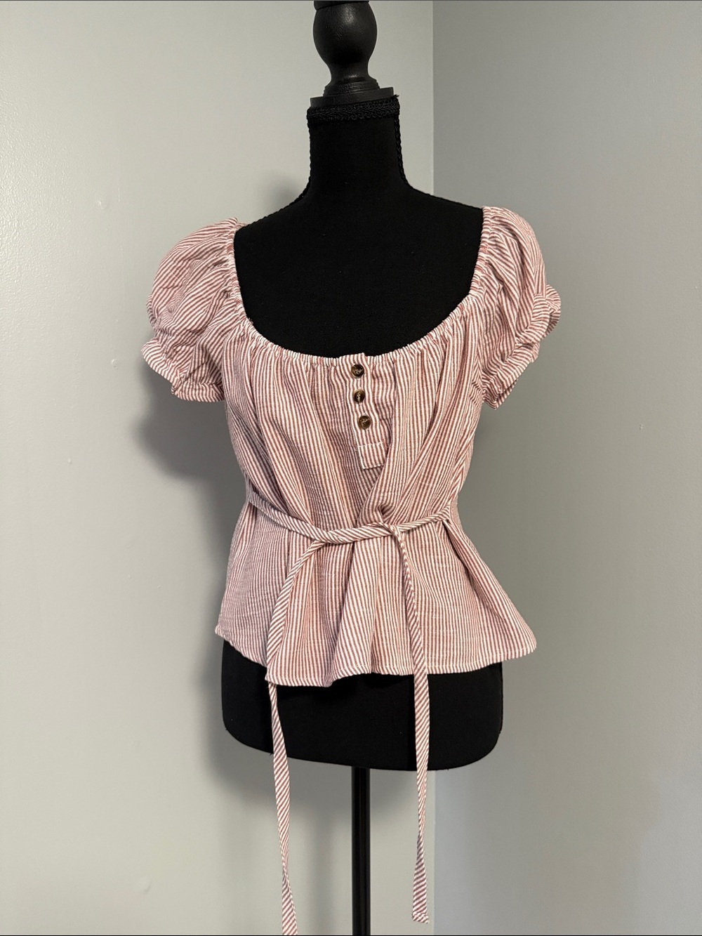 Edikted Pink Striped Puff-Sleeve Tie-Waist Top